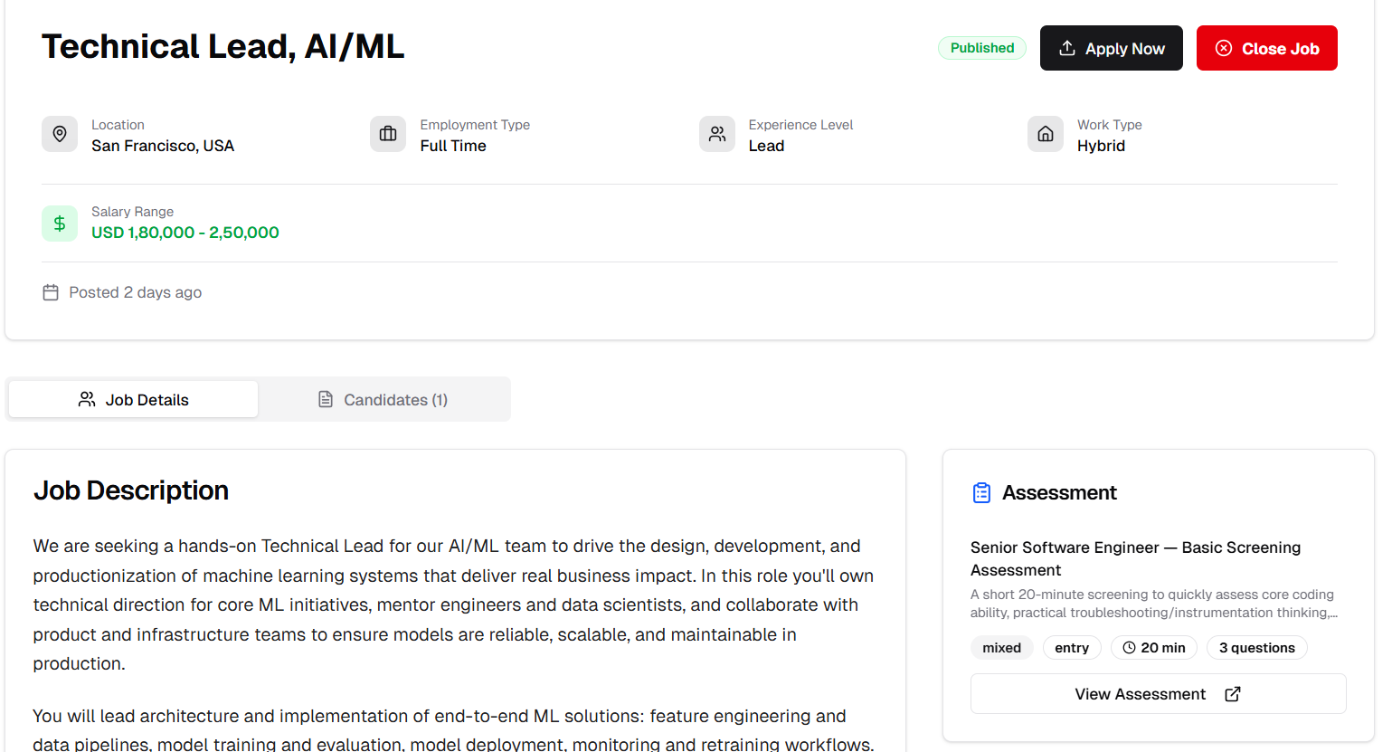 Assessment Display in Job Description