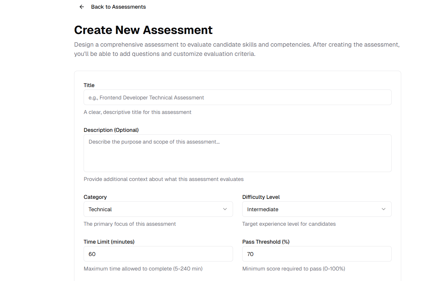 Create New Assessment