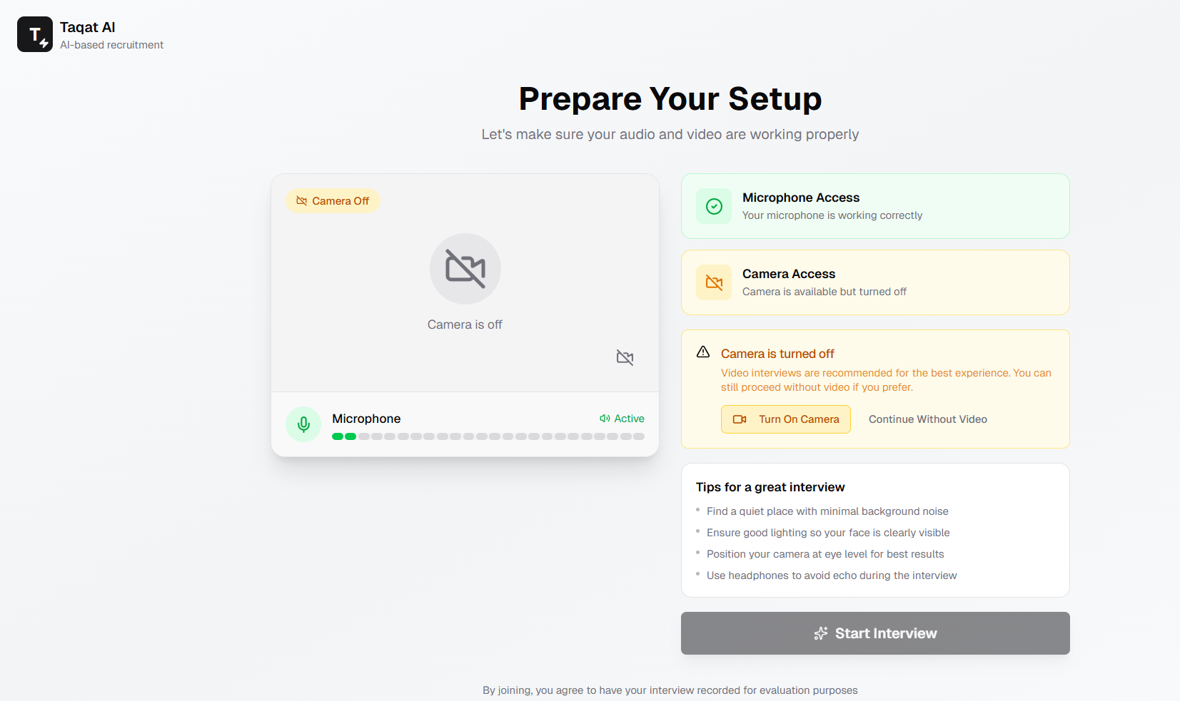 Interview Pre-Join Screen