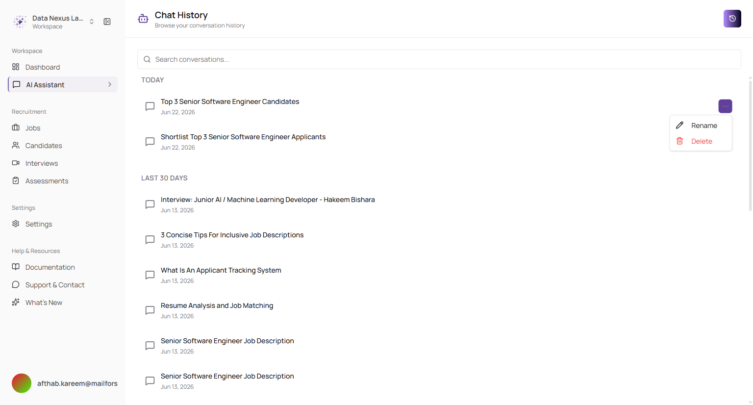 Chat history with search, rename and delete