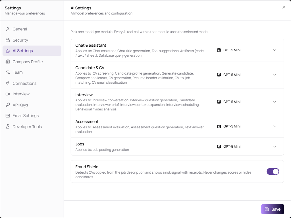 The Fraud Shield switch in AI Settings