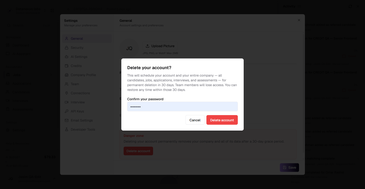 Confirming account deletion with your password