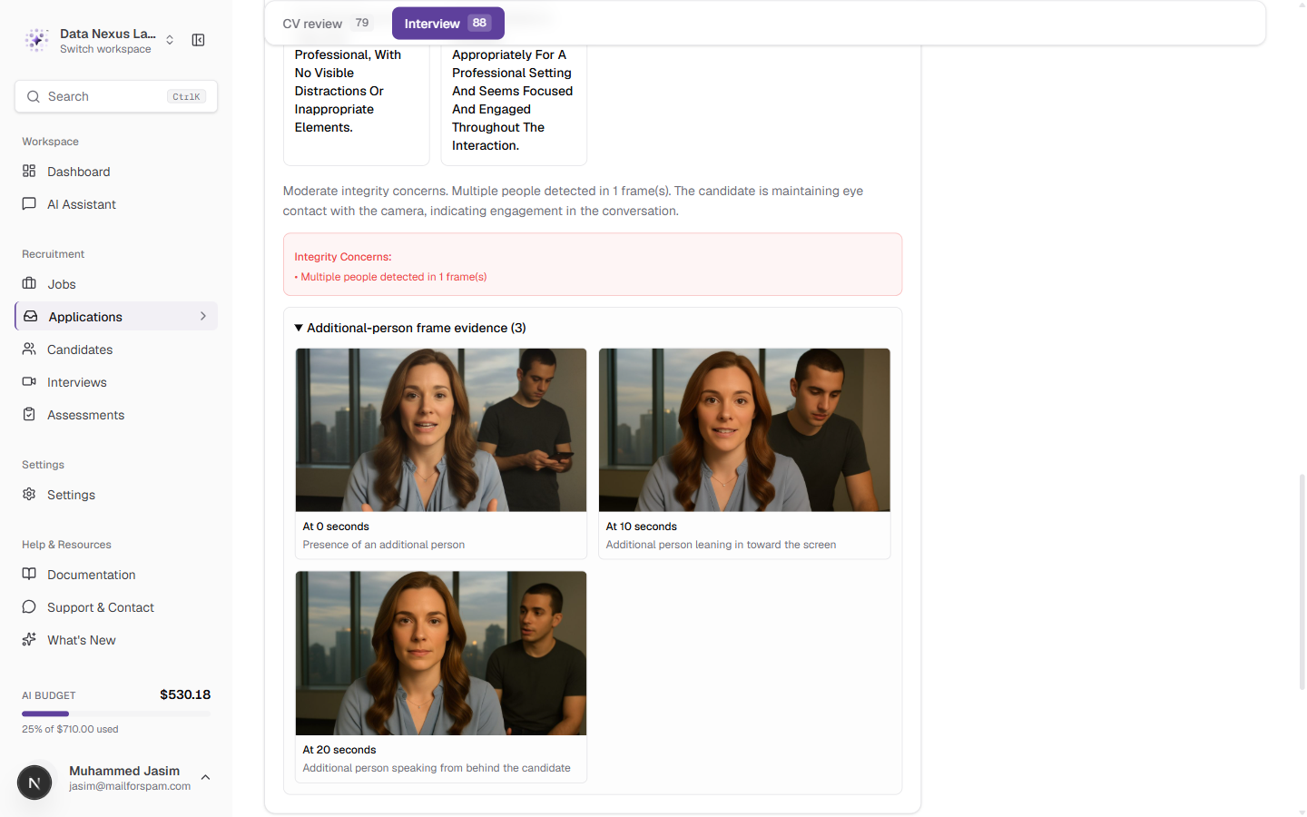 Frame evidence for an "additional person" flag, expanded to show each captured frame